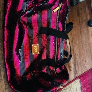 PINK Victoria's Secret Black and Pink Sequin Travel Bag